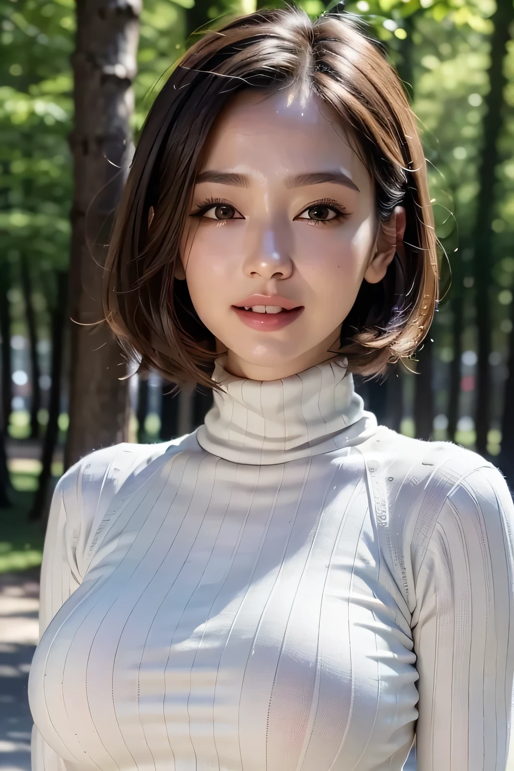 1 girl, cute, girly, cute, gentle features、glossy lips、double eyelids in both eyes、natural makeup, smile, (eye highlights:1.2), long eyelashes are bright, short hair, Smooth light brown hair、hair swaying in the wind, bangs、center image、8K、high detail、detailed hairstyle、detailed face、great movie lighting、octane rendering、vibrant、surreal、perfect limbs、perfect anatomy, beautiful proportions, Knitted turtleneck sweater, business suit,