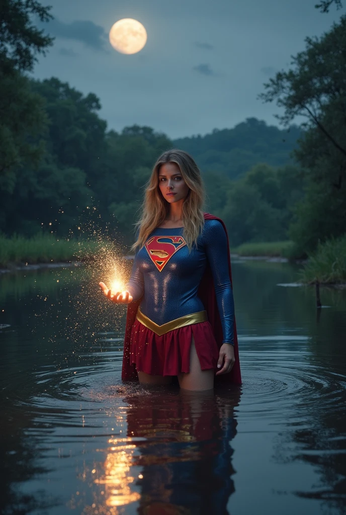 Movie scene, dark, mid-length close-up [Emma Stone], blonde hair, movie scene, cowboy shot, action, beautiful woman, blonde, long hair, bangs hair, strong, beautiful, super girl dc comics, skirt, blue and red swimsuit, red and gold robe, energy, action, impactful, floating in the air, down, night energy