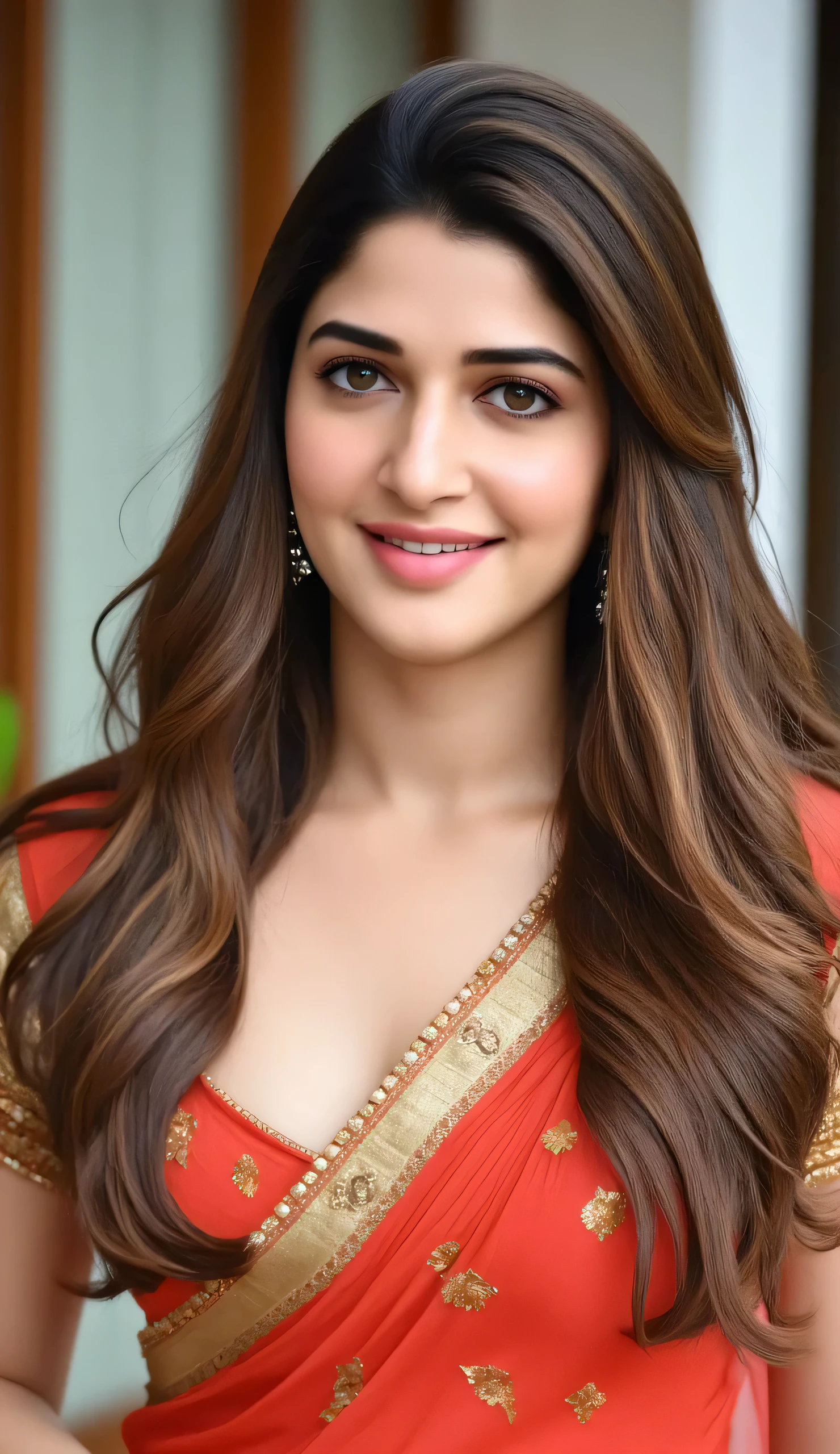 "A fair-skinned Indian woman in a silk saree, her blouse cut daringly low, showcasing her large, round breasts. She stands on a balcony, hands resting lightly on her pallu, ensuring all attention stays on her curves. Her earrings sparkle as she gives the camera a sultry, inviting gaze. Ultra HD image, 4k image, super high resolution image"