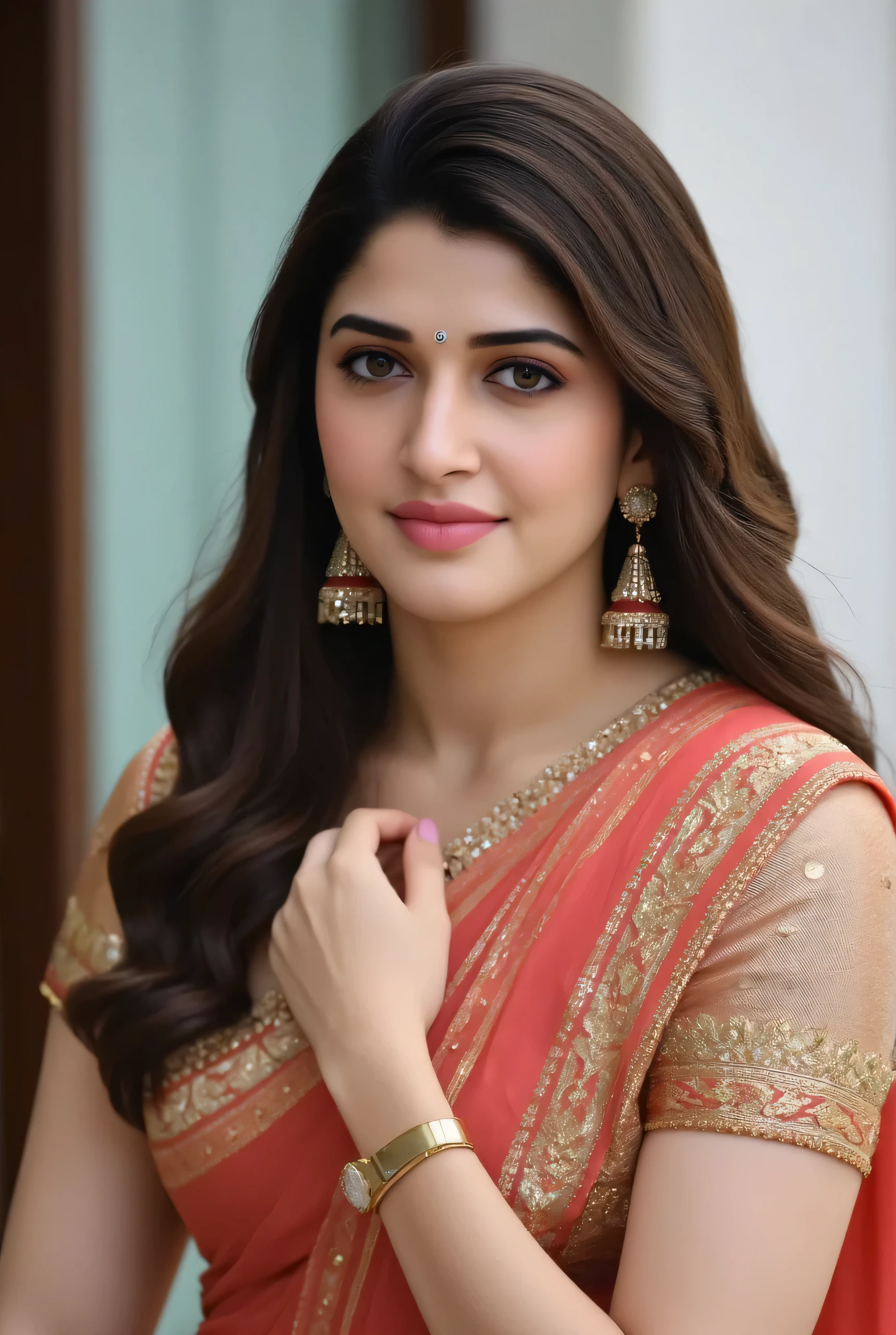 "A fair-skinned Indian woman in a silk saree, her blouse cut daringly low, showcasing her large, round breasts. She stands on a balcony, hands resting lightly on her pallu, ensuring all attention stays on her curves. Her earrings sparkle as she gives the camera a sultry, inviting gaze. Ultra HD image, 4k image, super high resolution image"