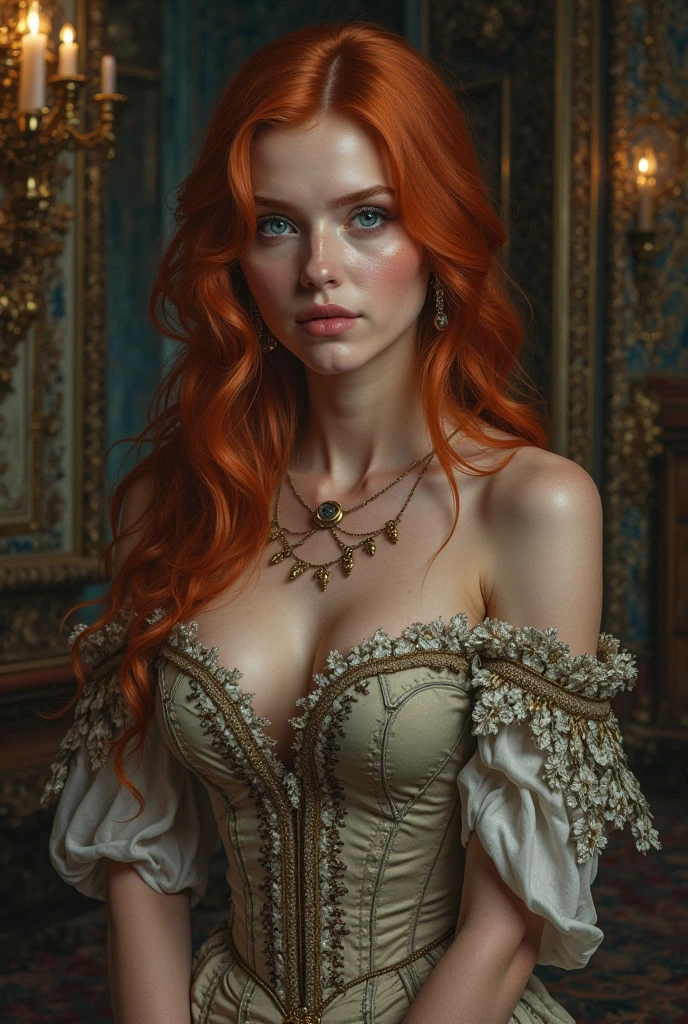 24 year old ( sexy sensual sexy steampunk redhead playboy seductress) wearing low cut to her naval  top, cleavage, extremely long wavy hair, skirt,  very detailed eyes, perfect eyes, perfect composition, beautiful , lace bustier baby-blue top, ultra hd, realistic, vivid colors, highly detailed, UHD drawing, pen and ink, perfect composition, beautiful detailed intricate insanely detailed octane render trending on artstation, 8k artistic photography, photorealistic concept art, soft natural volumetric cinematic perfect light