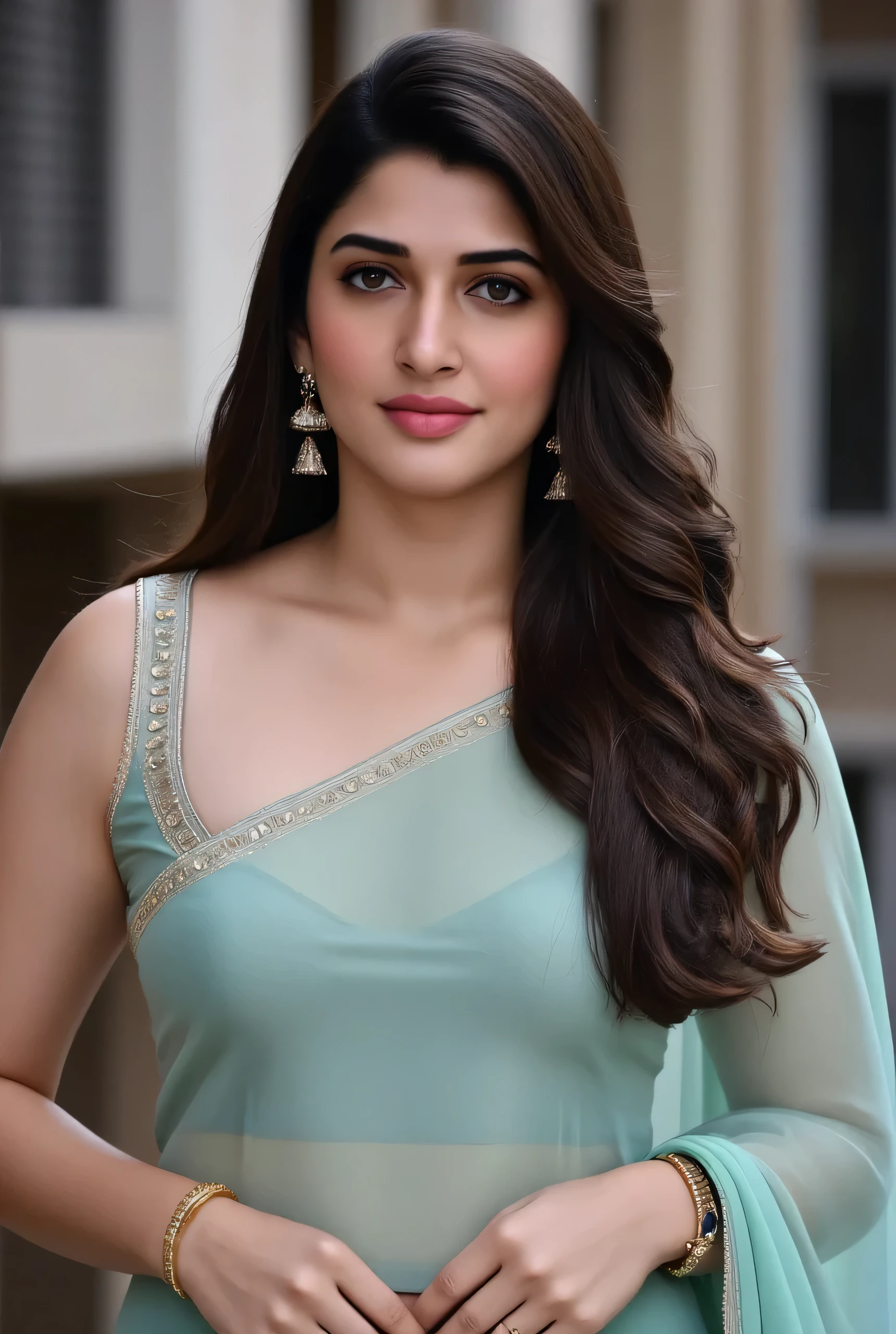 "A fair-skinned Indian woman in a silk saree, her blouse cut daringly low, showcasing her large, round breasts. She stands on a balcony, hands resting lightly on her pallu, ensuring all attention stays on her curves. Her earrings sparkle as she gives the camera a sultry, inviting gaze. Ultra HD image, 4k image, super high resolution image"