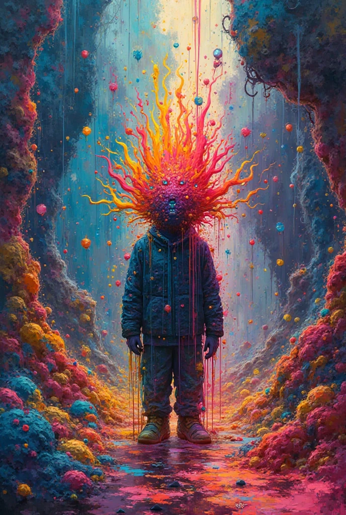 A representation of anxiety, with background fractals, psychedelic colors and the writing "Sweet anxiety"