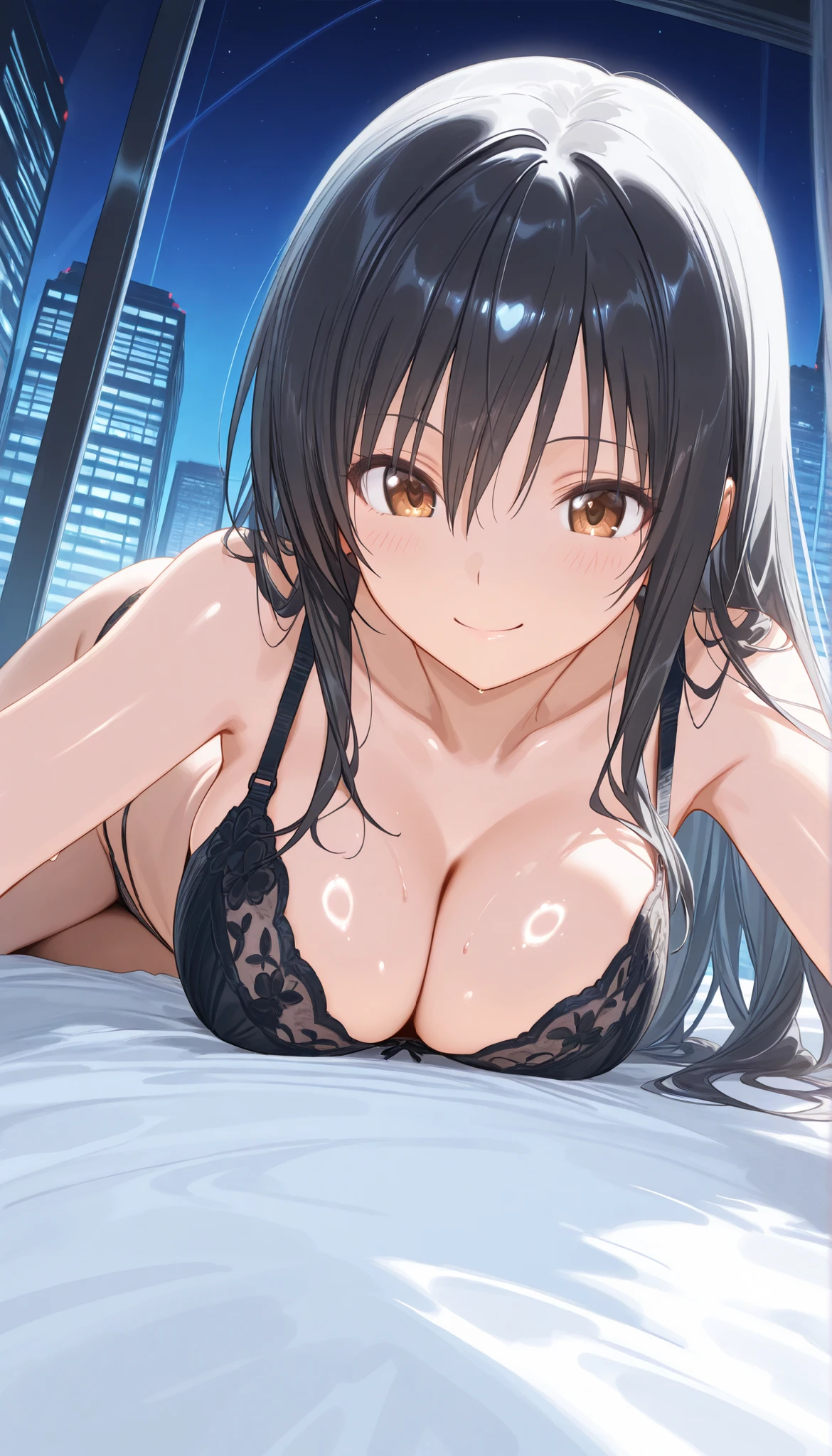 masterpiece, score_9, score_8_up, score_7_up, anime, pinup, 8K, from below high definition, greatest masterpiece, perfect eyes, perfect face, BEST QUALITY, high resolution, Kotegawa yui, 1 girl, long hair,black hair,sidelocks,hair between eyes,bangs,brown eyes, light skin, smile, arms behind, (lying down on the bed), midnight, beautiful night view from a skyscraper, bedroom, thong panty, (black panty), bra, (black bra), shiny skin, shiny cloth, large breasts, POV