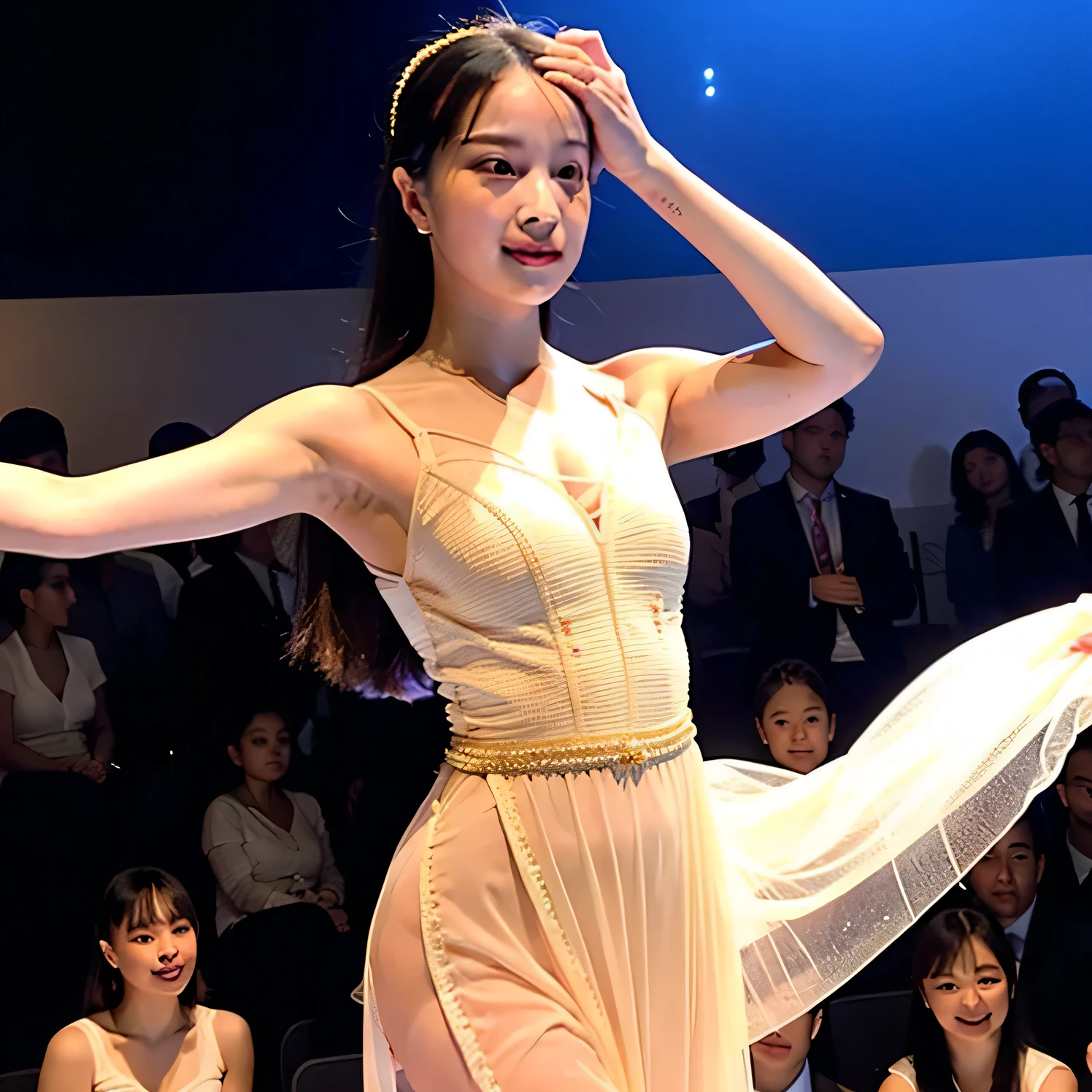(8k, highest quality, ultra detailed:1.37), (Hana), 18yo, (a South Korean fashion model), struts confidently on the runway during a prestigious fashion week event. Naked, nude, shiny nipple, show armpit, Hana's elegance and poise captivate the audience. The high-resolution image captures ultra-detailed realism, highlighting Hana's captivating eyes, flawless complexion, and fashionable hairstyle. The glamorous runway and stylish set design add to the visual appeal, creating a visually stunning representation of Hana's success in the fashion industry, no clothes 