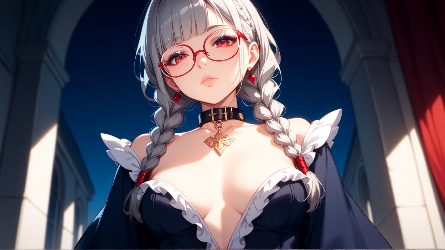 (Medium portrait:0.7), (best illuminate:1.1), (coiffed silver hair:1.1), 1 Giant Breast Girl, young girl, huge breasts, first rate breasts, white sweater, off shoulder, exposed breasts, Wolf ears, serious smile, eyeglasses, Complex:0.6, medium, in the middle of the library, looking at book, Chopping:0.8, (canineteeth:0.4)