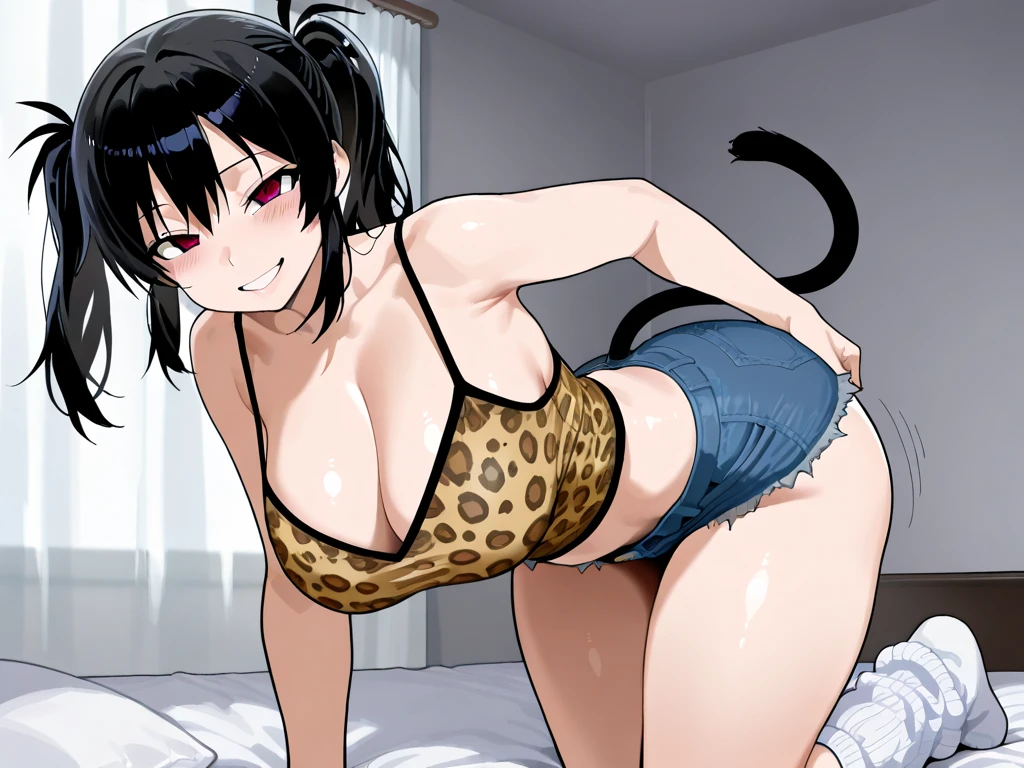 indoors, 1girl, breasts, smile, short hair, open mouth, bangs, large breasts, simple background, brown hair, 1boy, animal ears, cleavage, brown eyes, jewelry, tail, swimsuit, hetero, earrings, penis, solo focus, cat ears, dark skin, blunt bangs, necklace, high heels, cat tail, one-piece swimsuit, uncensored, fangs, blush stickers, erection, testicles, bob cut, cat girl, all fours, drooling, furry, veins, furry female, veiny penis, pink footwear, interspecies, disembodied penis, pearl necklace, penis awe, furry with non-furry, looking at penis, green one-piece swimsuit