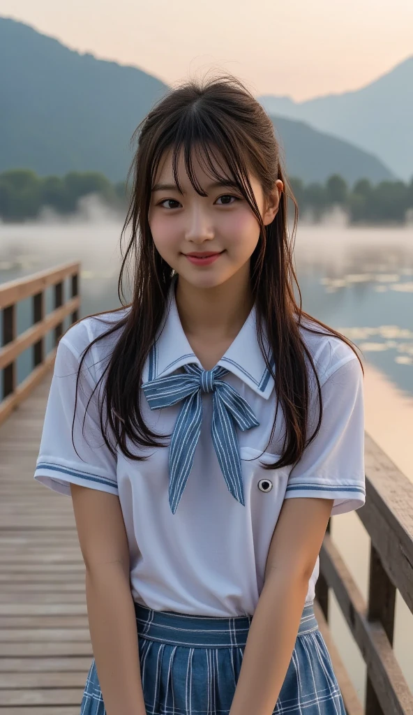 (1girl), kawaii, (round eyes:1.2), (highly detailed face and eyes), (big smile),  Amazing face and eyes, (school uniform, pleated mini skirt:1.3), (Best Quality:1.4), (Ultra-detailed), (extremely detailed CG unified 8k wallpaper), Highly detailed, High-definition raw color photos, Professional Photography, Realistic portrait, summer, (beach), (fine face:1.2),
