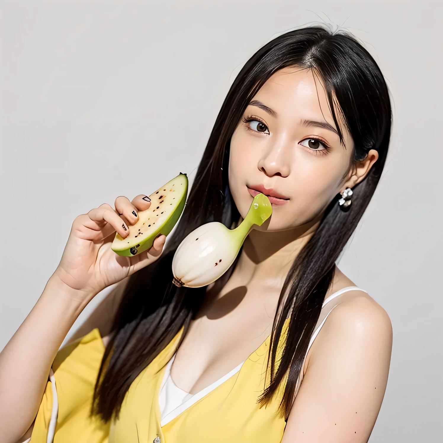 (RAW photo :1.2), (verisimilitude :1.4), lively Asian boy holding a banana, posing at the screen with a smile, very detailed eyes and face, huge file size, Super Detailed, High resolution, Very Detailed, best quality, Masterpiece, 8k, amazing, fine detail, soft lighting, (in the back) (pink background)