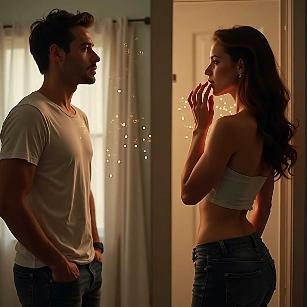 A before and after photo sequence: Image 1 (Left Panel - Before): On the left side, a man in his late 20s with short, dark hair, wearing casual clothing (jeans and a plain t-shirt), stands in front of a mirror. The room is softly lit, with a subtle magical aura—glowing particles floating around him, hinting at the upcoming transformation. His expression shows a mix of curiosity and anticipation.
Image 2 (Right Panel - After): On the right side, the scene is the same, but the man has transformed into a woman. She has long, flowing hair and is dressed in a stylish outfit, like a bikini. The magical aura has intensified, with more glowing particles around her. Her expression is one of surprise and amazement as she touches her new face, exploring her transformed features.