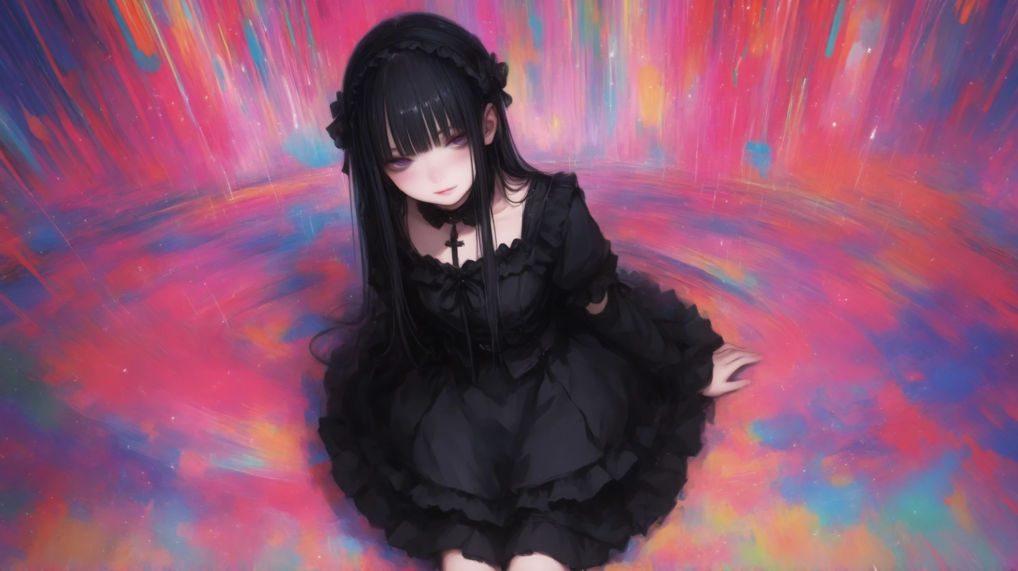 japanese anime cute girl style,goth red costume for battle of psychedelic Pop Art.