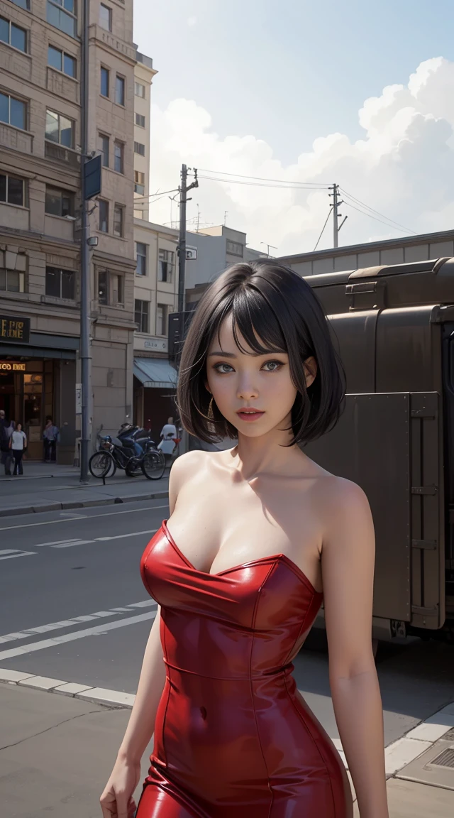 1girl, (solo:1.2), upper body, medium wide shot, standing, high-tech sleek form-fitting sleeveless outifit, detailed face, looking at viewer, red outfit, red theme, (15yo, cute:1.3), (breasts:1.2), detailed textures, (masterpiece, best quality:1.2), high resolution, sharp focus,