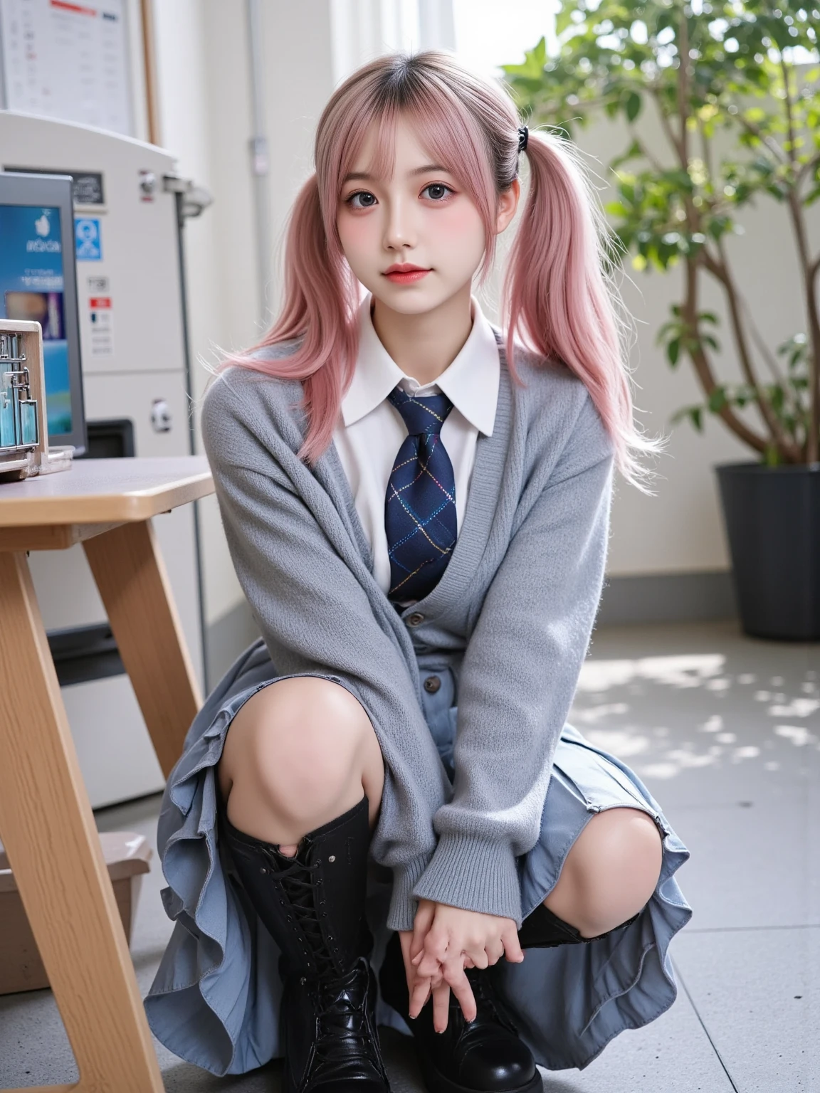 (Pink Hair :1.3),(Realistic, photo Realistic:1.2), ((Highest quality)), moving her center of gravity back, Quite embarrassing, White panties, (Showing panties:1.4),Tight Skirt, (Under the skirt:1.3), (Lift up your skirt:1.3), (squat:1.4), Put your heels on the ground, Spread your legs a little, 膝を上げてsquat, Put your butt on the ground, black penny loafers, Beautiful face details, Real human skin, Gentle expression, Front view, angle From below, Realistic, photoRealistic, cute, Short skirt, squat deep on school grounds, cute school girl, Japanese school girl uniform, Sailor suit, whole body,Smile, Natural smile, Charming smile, Captivating smile, (View your viewers:1.2), from the front, From below,