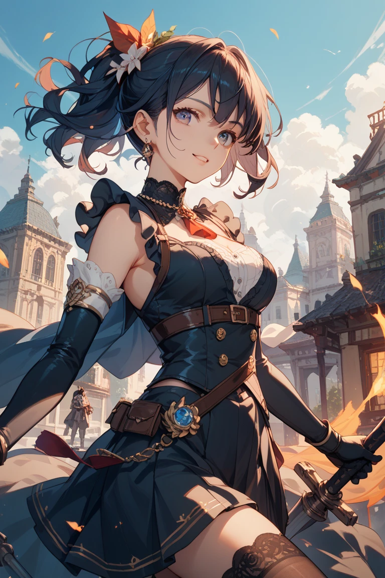 (masterpiece:1.4), (Highest quality:1.4), Very detailed, Complex, Very detailed, shape,Soft lighting, Scenic, Very detailedな描写、Decorative armor、Exquisitely designed armor, A woman with a lot of pride,Character from RPG games, Landscape colored in earth tones, Majestic, female knight, Expression that brings excitement, Thighs