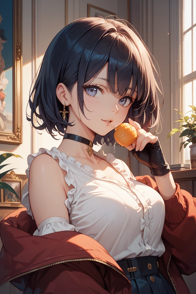 ((highest quality)),(ultra high resolution),(Super detailed),(detailed description),((best CG)),(best work of art),super precision art,amazing drawing art,(Fashion art with precise details:1.5), (adult women:1.6),(beautiful and well-shaped face:1.5),(big breasts:1.7),(大きな胸をtableに乗せる:1.6),(Short hair detailed and detailed:1.6),(sleeveless shirt:1.7),earrings, table:1.4,vase