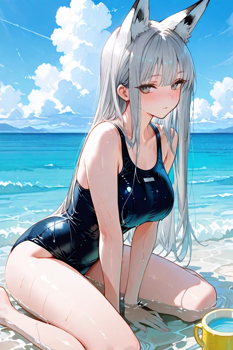 chiquita、breasts are large、School swim wear、Position with legs open、Twin-tailed、The pupil color of the eyes is black、The background is the sea