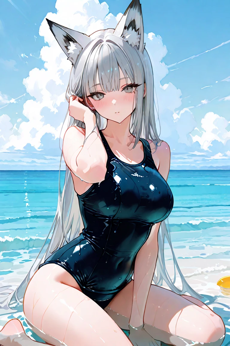 Long white hair, Red eyes, Black swimsuit, Plump body, An anime character, Only one person,Have by the sea