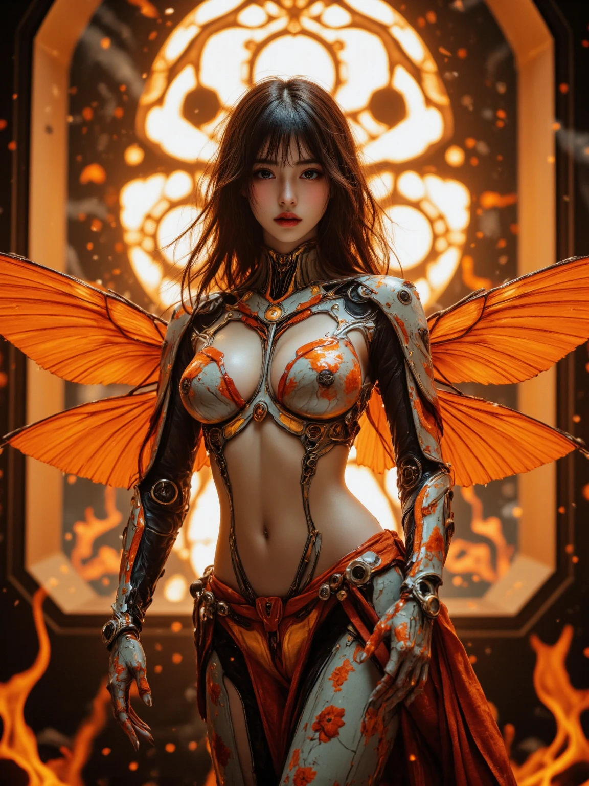 Tantalizingly lifelike, this photorealistic digital art piece showcases a beautifully detailed woman transforming into a magnificent scorpion, adorned with fiery chains glowing against the dark fantasy backdrop. The scene takes place in a desolate, burning landscape, with a monk's quiet, abandoned dwelling lurking in the distance. Cinematic lighting illuminates the scene in dramatic colors and lighting, bathed in vivid tones that protect the scorching flames and haunting shadows.
The woman's body is intricately sculpted, a surreal blend of human and arachnid features, exquisitely detailed from her head to her sprawled limbs