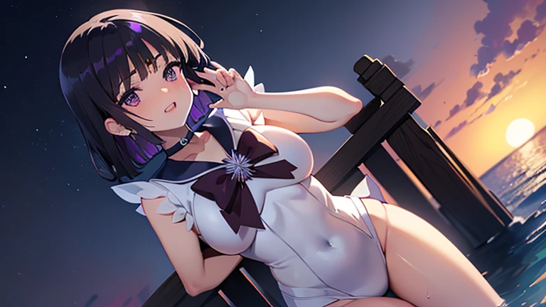 A woman wearing a white bikini and headphones、A beautiful night view behind、Big Breasts、sexy、Indoor pool with a night view、Moonlight、Unbuttoned、Downlight、full moon、Stylish interior、Ruby Eye、Woman lying on a vinyl boat