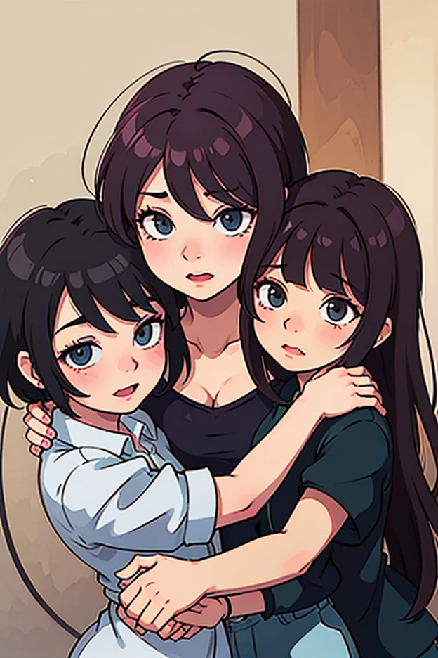 A black-haired Mexican woman with two curly-haired daughters