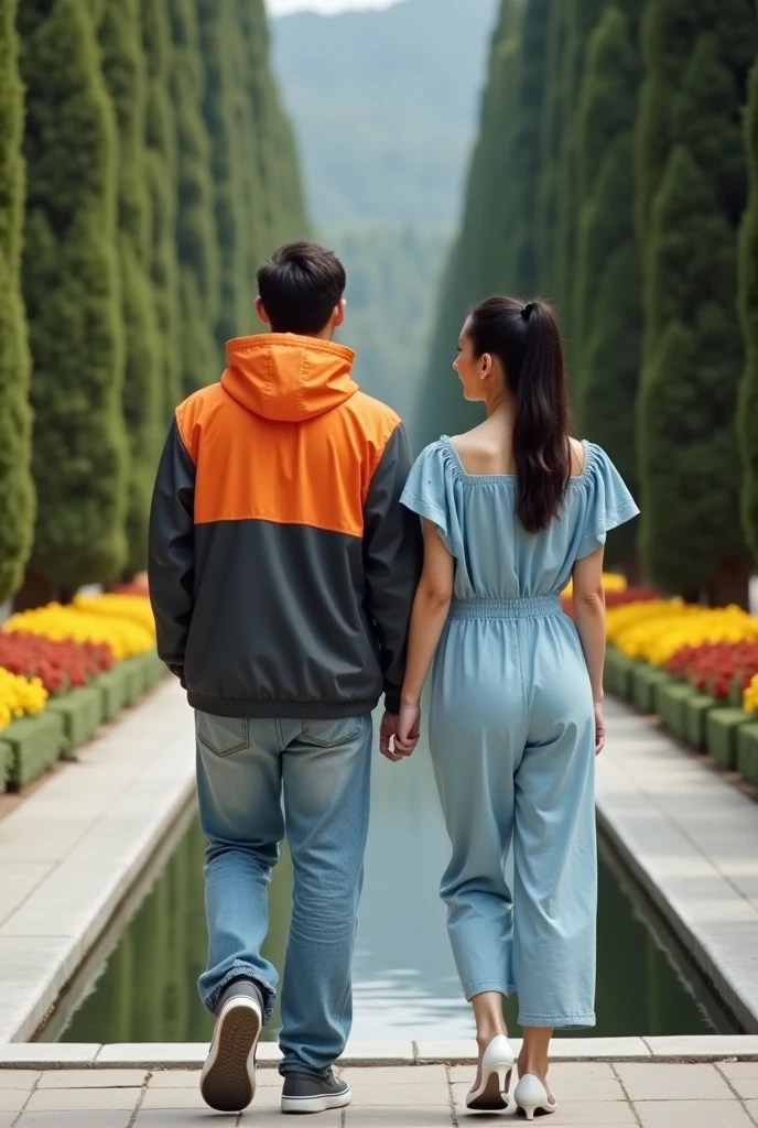 a man and woman are holding hands and walking through a park, ducks, pond