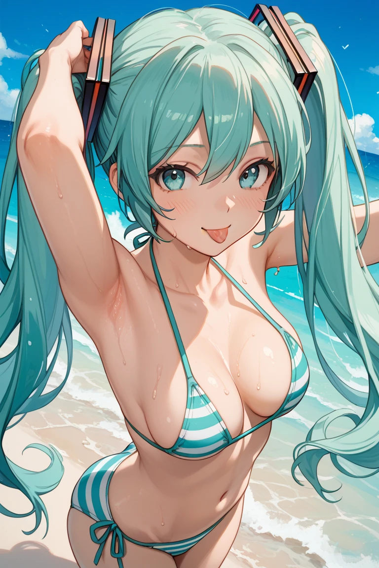 (highest quality:1.2, Very detailed, up to date, Vibrant, Ultra-high resolution, High Contrast, masterpiece:1.2, highest quality, Best aesthetics), (Small face), (Highly detailed skin:1.2), One Woman, (blonde hair, rainbow hair, asymmetrical hair, very long hair, twintails, asymmetrical bangs), (Slim figure:1.4, A woman with a slim body and large breasts), Beautiful Eyes, Glossy lips, Sunburned, Tan Skin:1.4, Beautiful thighs, ((smile)), ((Photo shoot pose, Sitting:1.4)), (bikini, pastel colour, Wearing a Pareo:1.4), (Sexy Body), Perfect Fingers, five fingers, (On the beach, Wave Expression, Beautiful sky, Shining sun and cumulonimbus clouds), Background blur,