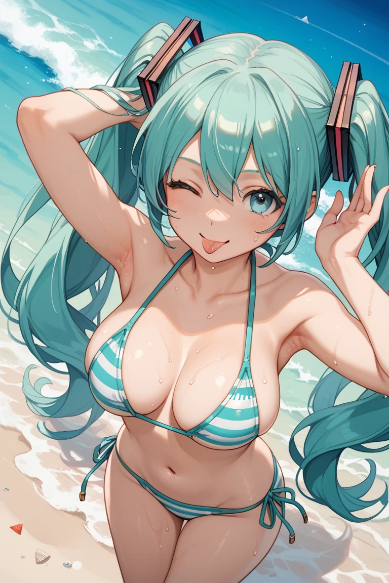 hatsune_miku highres 1girl abs bare_arms bare_shoulders bikini blue_bikini blue_eyes blue_hair blush breasts cleavage day front-tie_bikini_top front-tie_top hair_ornament heart heart_necklace jewelry large_breasts long_hair looking_at_viewer navel necklace open_mouth outdoors solo swimsuit thighs twintails underboob in shower ,wet,nipples