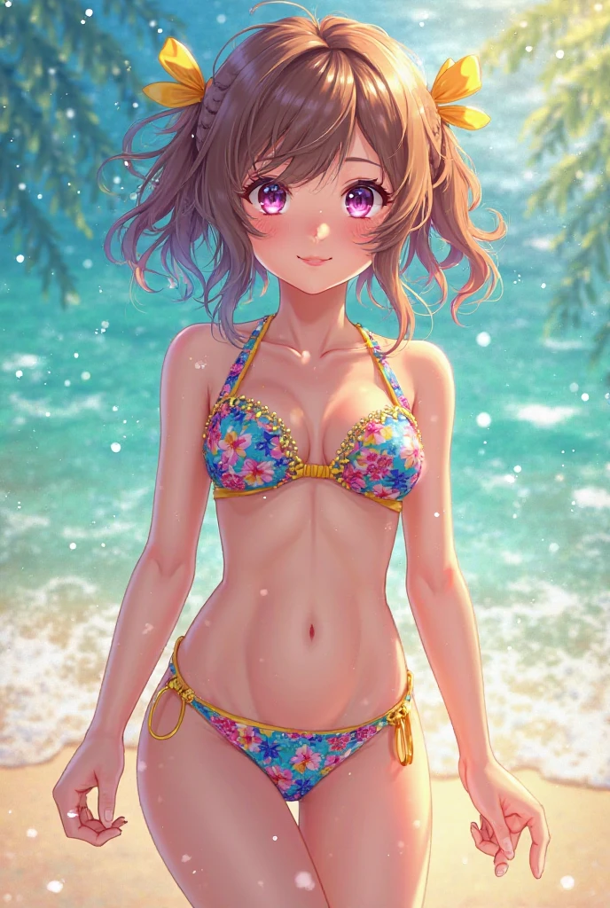 cute girl , ((baby face)),(light smile), brown eyes, wavy hair ,ash light brown hair, (((medium hair))),eyelashes, on the beach, slim, ((Best quality, extremely detailed CG, 8k, beautiful detailed eyes)), (highly detailed background), pink bikini,at noon,pale skin, (cowboy shot), leaning forward