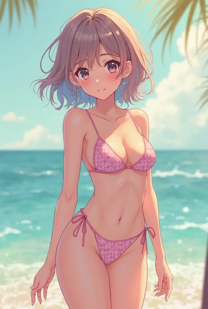 One girl, alone, short hair, Medium chest, (Split Color Hair, Black Hair, Pink Hair:1.3), blue eyes, smile, Are standing, Dynamic pose, 8k, masterpiece, Highest quality, Absurd, Perfect Anatomy, Cinema Lighting, Cowboy Shot, (Beach, Palm tree, bikini),