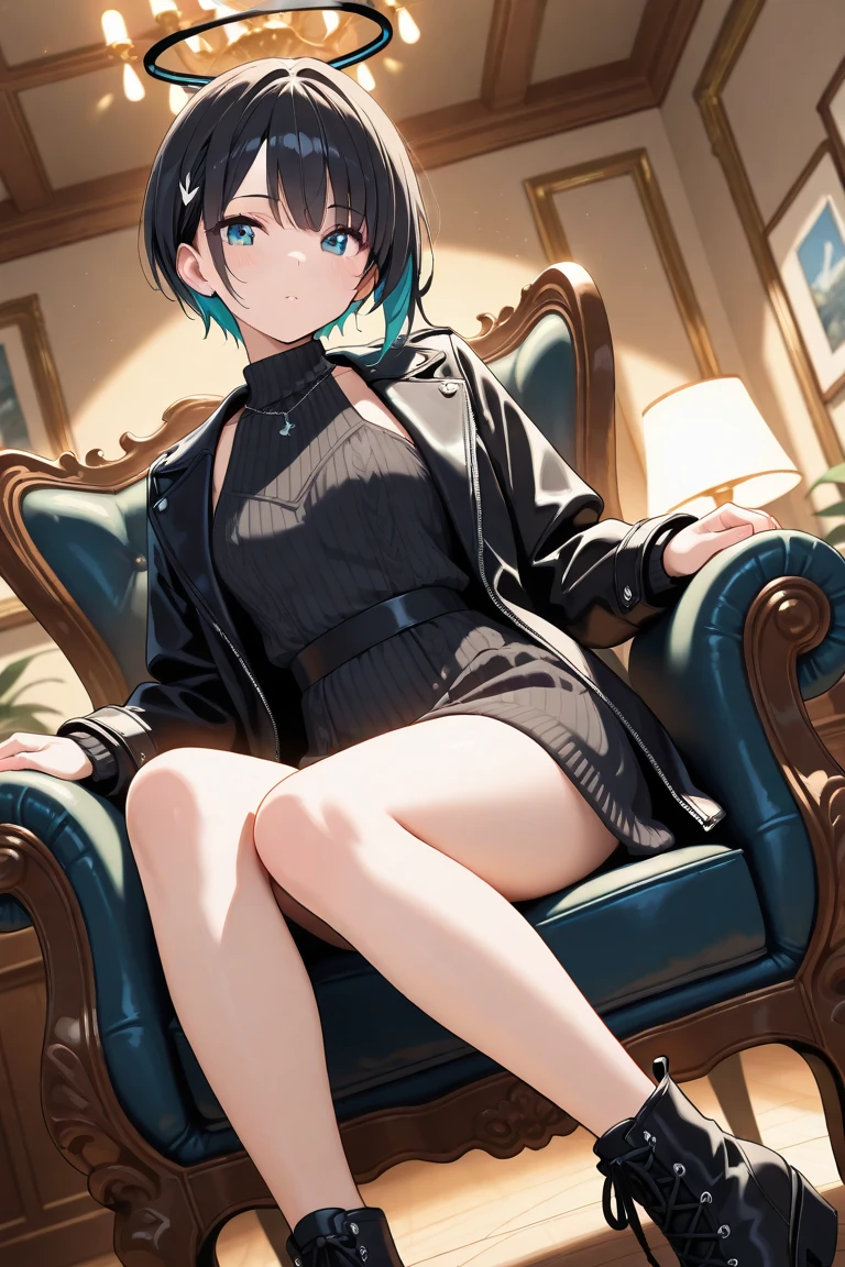 ((one woman))、NFSW、masterpiece、Highest image quality、ultra high resolution、Medium-sized elementary school girl、red and large eyes,、Black hair medium shorthair、The inside of the hair has blue coloring.、Two red hairpins、((Outside the window is a starry sky))、sitting on the sofa、seductive pose、poses that invite sex、sensual pose