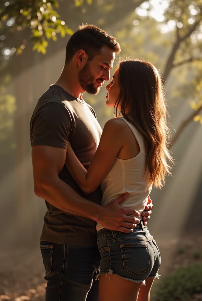 A beautyfull young woman with white skin and big breasts and wearing teen clothes, next to a handsome young man , the man removes his clothes and the girl as well