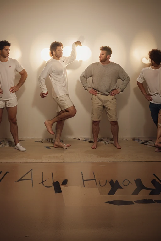 3 half-naked silly men thinking about fish, sitting