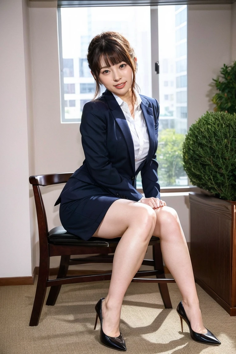 Medium Size Display, Medium Shot, Written boundary depth, Photograph the whole body, Movie angle, masterpiece, Highest quality, Very detailed, CG, 8k wallpaper, Beautiful Face, Delicate eyes, Otome, alone, smile, bangs, have,Business Blouse,Business Skirt、  bouquet、High heels