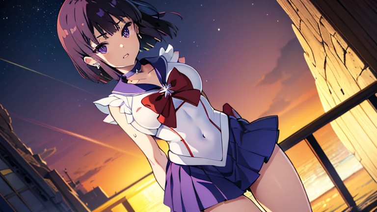 1girl, senjougahara hitagi, monogatari (series),twin tails,hair ribbon, masterpiece, best quality, absurdres, Sailor Moon cosplay, sailor fuku, pleated blue skirt, white leotard, red bow on chest, blue sailor collar, elbow-length white gloves, red boots, purple hair in odango style, determined expression, magical girl pose, full moon in background, starry night sky, glowing magical effects, urban rooftop setting