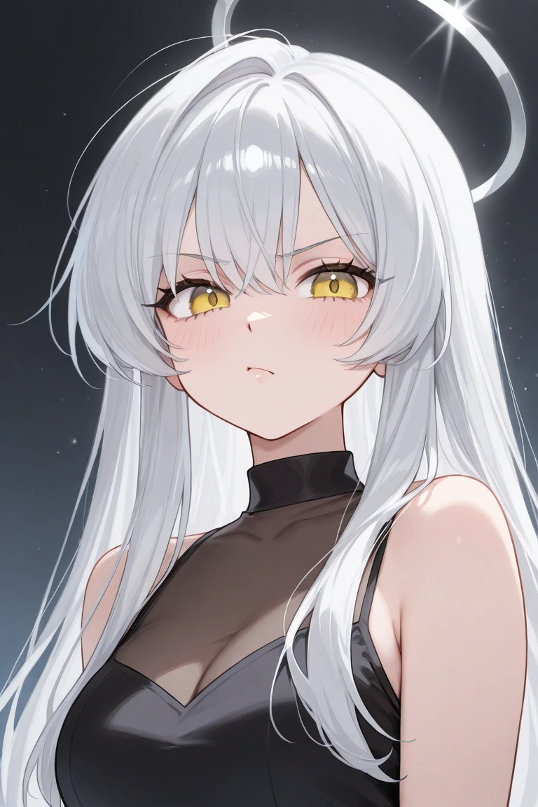 1girl, mature female, milf, auntie, (half closed eyes:0.4), white hair, long hair, messy hair, crossed bangs, ahoge, amber eyes, pale skin, eyebrow, large breasts, black sweater, turtleneck, sleeveless, black shorts, grey background, portrait, looking at breasts