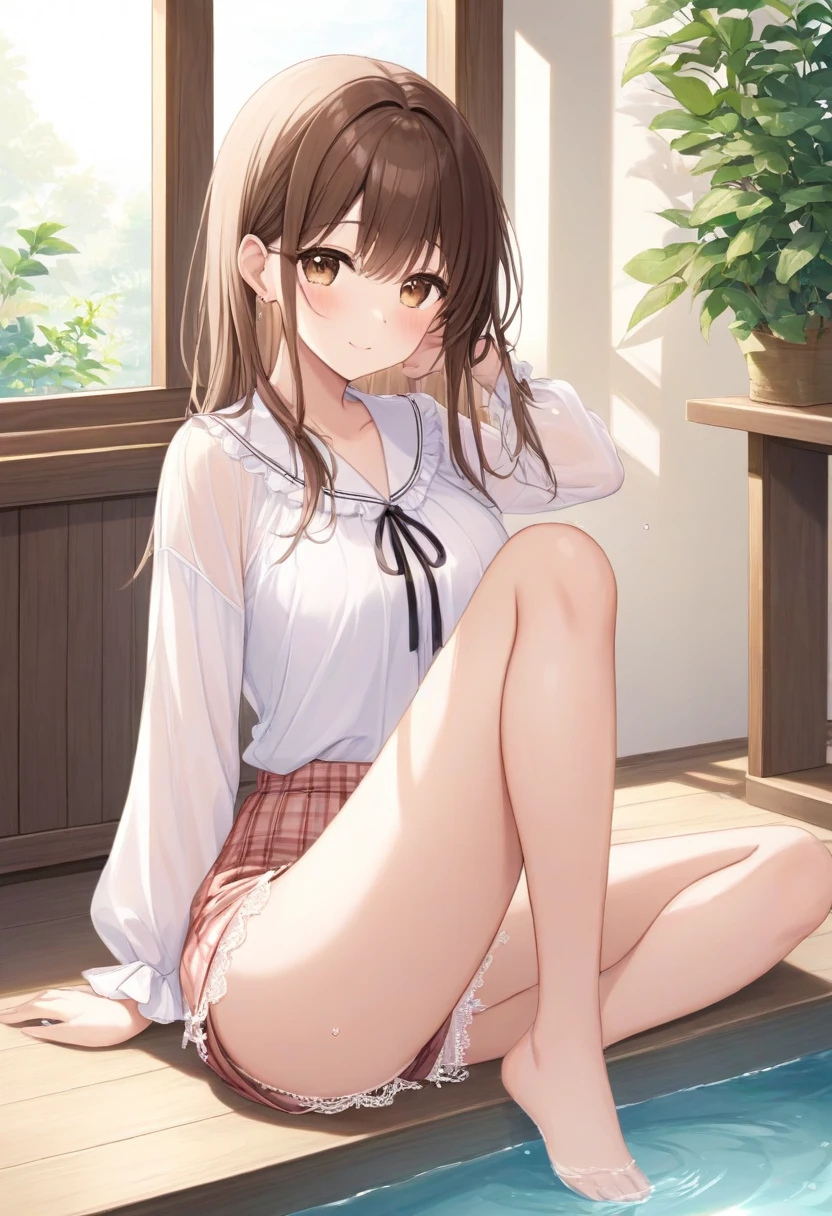 Sayuogi Wara, Sayu Ogiwara, masterpiece, top-quality, hight resolution,masutepiece、1girl in, brown haired, length hair, bangss, Brown-eyed,well balanced large breasts、cowboy shot、toppless、Bra only for upper body、crouching down、pantyshot、white panties、White underwear、Smiling smile、White socks、Brown loafers、itting open legs、White bra with ruffles、Hands without discomfort