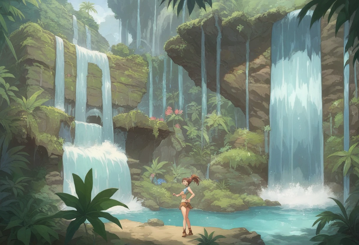A very beautiful girl, happily bathing next to a clear and cool waterfall. Rosa Haut, blaue Augen, dunkle Haare, detailliertes Gesicht, detailed body, realistisches Modell, very detailed natural landscape, CGI, 8k resolution ,Bikini,