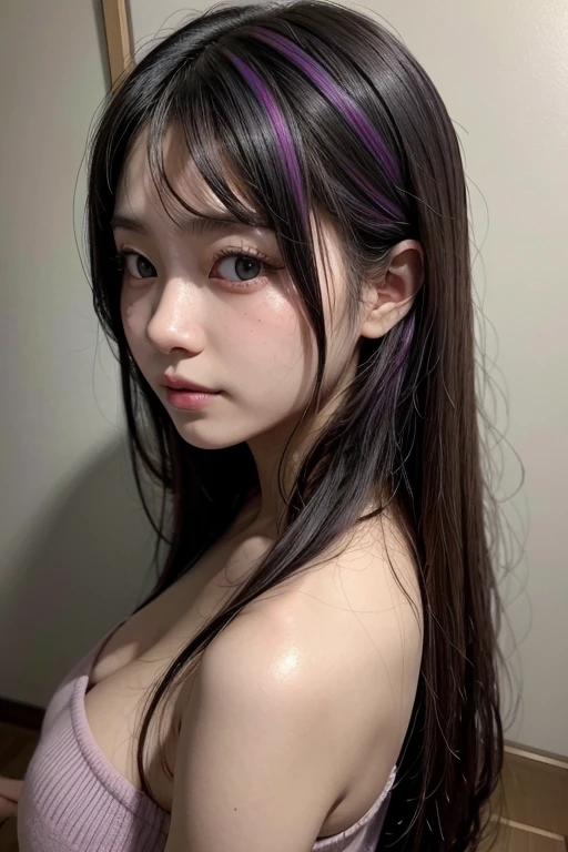 ((((nude)))),2D, masterpiece, Highest quality, anime, Very detailed, One Girl, alone, Yuri, Purple eyes, Purple Hair, Hair between the eyes, Hair Clip, , Yandere face