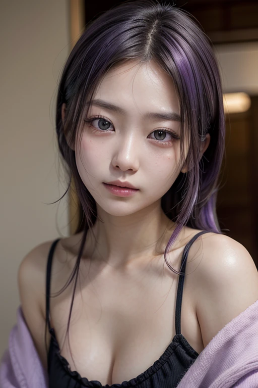 1 girl, 18 years old, south korean, idol, masterpiece, perfect face, soft skin, freckles under eyes, long whavy messy hair, purple lock of hair, shiny purple eyes, massive breast, backpack, light purple lips, natural makeup, red eyeliners, smile, perfect teeth, close up, in a classroom.
