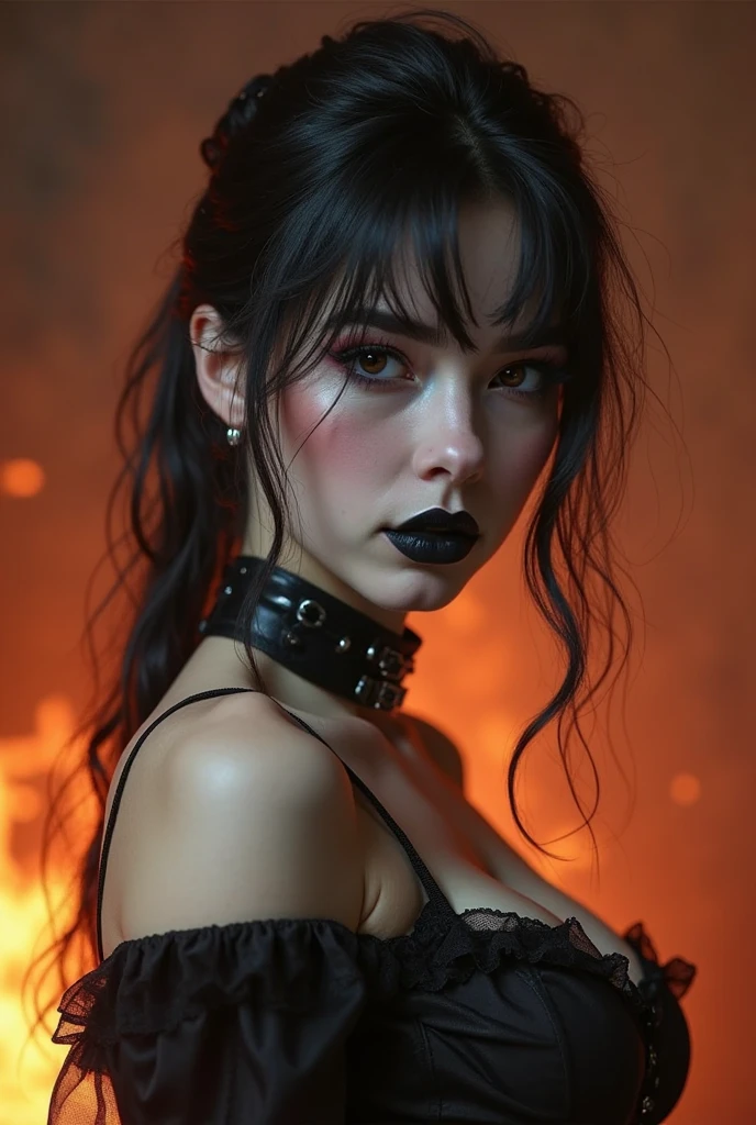 a sensual female devil, skin-tight black leather collant, vibrant scarlet eyes, red skin, large horns, large wings, red nails, curvaceous figure,with evil girl expression. highly detailed, cinematic lighting, dramatic shadows, photorealistic, dark fantasy, gothic, chiaroscuro, dramatic color palette, infernal atmosphere, fire background