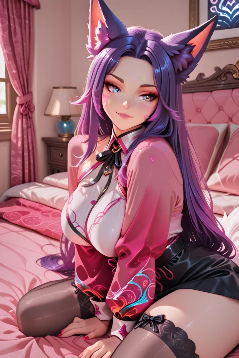 Young beautiful woman,(best quality,Extremely detailed depiction,Incredible high resolution,Anatomically accurate description,Bent Legs),(Radiant Skin,Glowing skin),(Priest,複雑な光沢のあるのPriestの服),eyelash,(Purple eyes sparkle,Crazy Eyes,There is cleavage on the chest,Charming smile,Glossy lips,Seductive Stance),Sweat,whole body,background:Bedroom at night