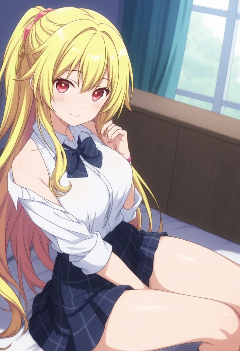 1girl,alone,marin kitagawa (masterpiece, best quality), Marin Kitagawa, beautiful girl, blonde hair, choker, ear piercing, earrings, long hair, pink tips, piercing, (red eyes: 1.5), hair straight, swept bangs, adult, bed, white top strapless, cleavage, blue shorts, jeans, plaid skirt, naked in bed, sexy ass, NSFW, exquisite images, high definition, masterpiece, best quality, looking at viewer, looking at viewer, white top spaghetti straps , large breasts, medium waist, wide hips, medium thighs, perfect hands, perfect anatomy