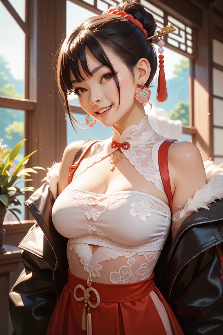 Prompt:
“A high-resolution image capturing the upper body of a figure wearing a traditional Japanese kimono, which is partially open to reveal intricate tattoos from the neck down to the chest. The figure is adorned with a Japanese Hannya mask, featuring sharp, red eyes and a hollow gaze, exuding an eerie and ghostly aura. They are sticking out their tongue, and two horns protrude from their head. The scene has a mystical, horror-themed atmosphere.”