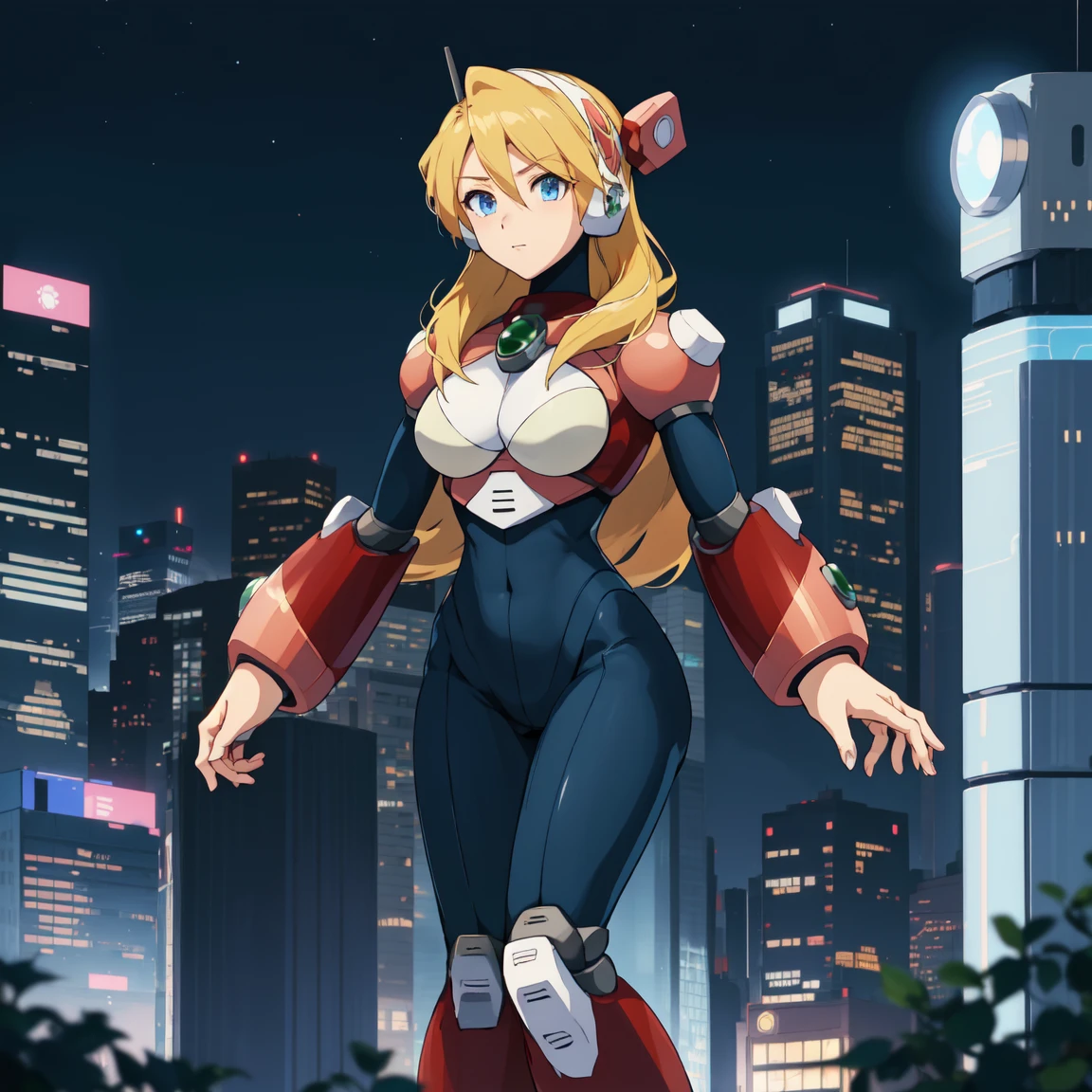 alia_megamanx, 1girl, solo, breasts, blue eyes, blonde hair, android, long hair, robot ears, high quality, masterpiece, standing on a moonlit background with city in sky background
