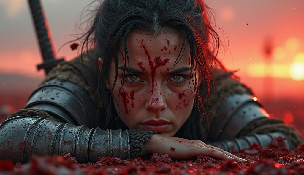 female knight in armor standing in a field with other knights, from a science fiction movie of 2 0 1 9 8 k, bloody red armor, by Steven Belledin, an army recruitment poster, menacing orcs, anamorphic flares, advertising cosplay, movie image , fallout 3, by Hiromu Arakawa, by Louis Mathieu Verdilhan