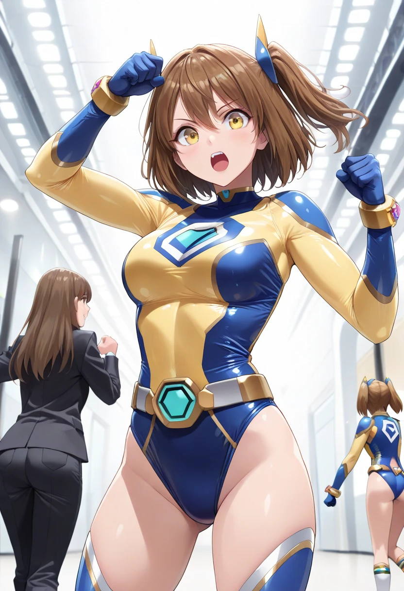 ((super high quality,Ultra-high resolution,16K,super masterpiece,Ultra HD ,Detailed shading,))Park at night,((3People Women,Sexy older sisters)),Cleavage,Yellow jumpsuit,White belt at waist,popped Tight collar,smile,blush,Sweaty,holding a microphone in his hand,Licking the microphone,A small amount of drooling,Love juice from the crotch,