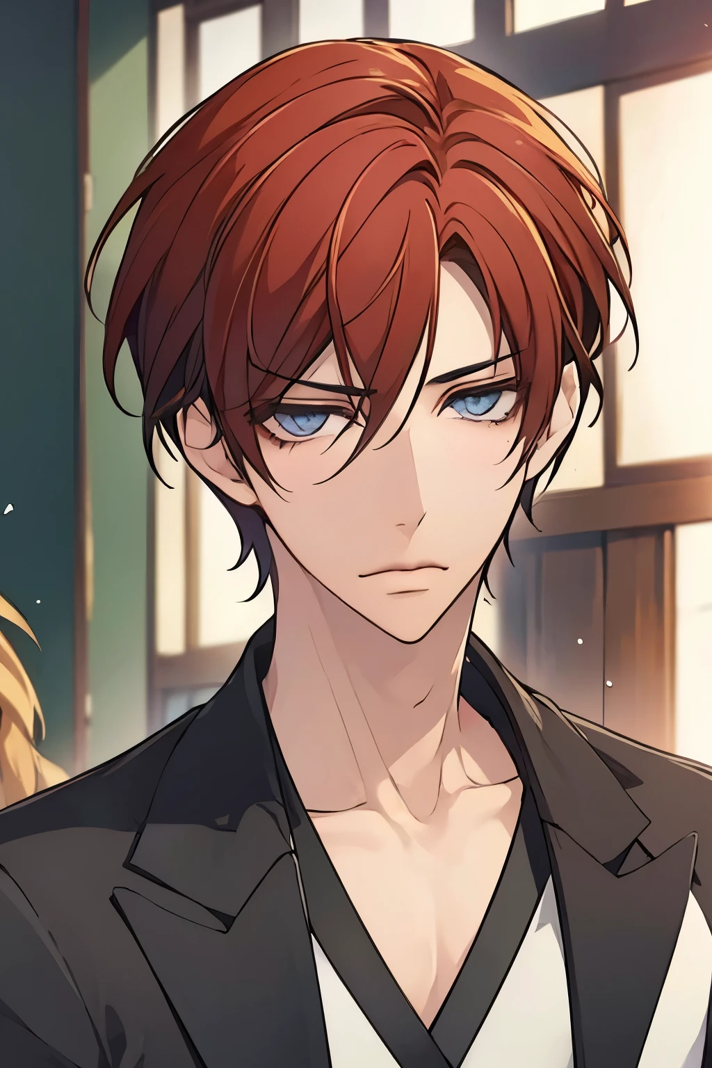 anime picture with young man,male, red hair,1 boy, Alone, nail, blue eye, viewers, mole under eye, layered hair , mole, nail polish,eye,push him away,beautiful collarbone, raises eyebrows,upturned eyes,adult face, staring at viewers , cool face,expressionless,Pull angle,downward corner of mouth,The distance between the eyes and eyebrows is too far,Looking down at the viewer,wave hair,small eyes, face,ennui,small thin lips,small eyes,Straight nose ,sanpakugan,The proportion of black eye is small,Mole under left eye,command a view,zoom out,Handsome face,Cool eyes,small mouth,A simple face,small eyes,emotionless eyes,A wide shot of a character,from eye level,bags under eyes,Lower eyelids,solo,expressionless,Facing forward,closed mouth,unkempt hair,very small eyes,standing, full body shot,The photo shows his waist up,Blunt