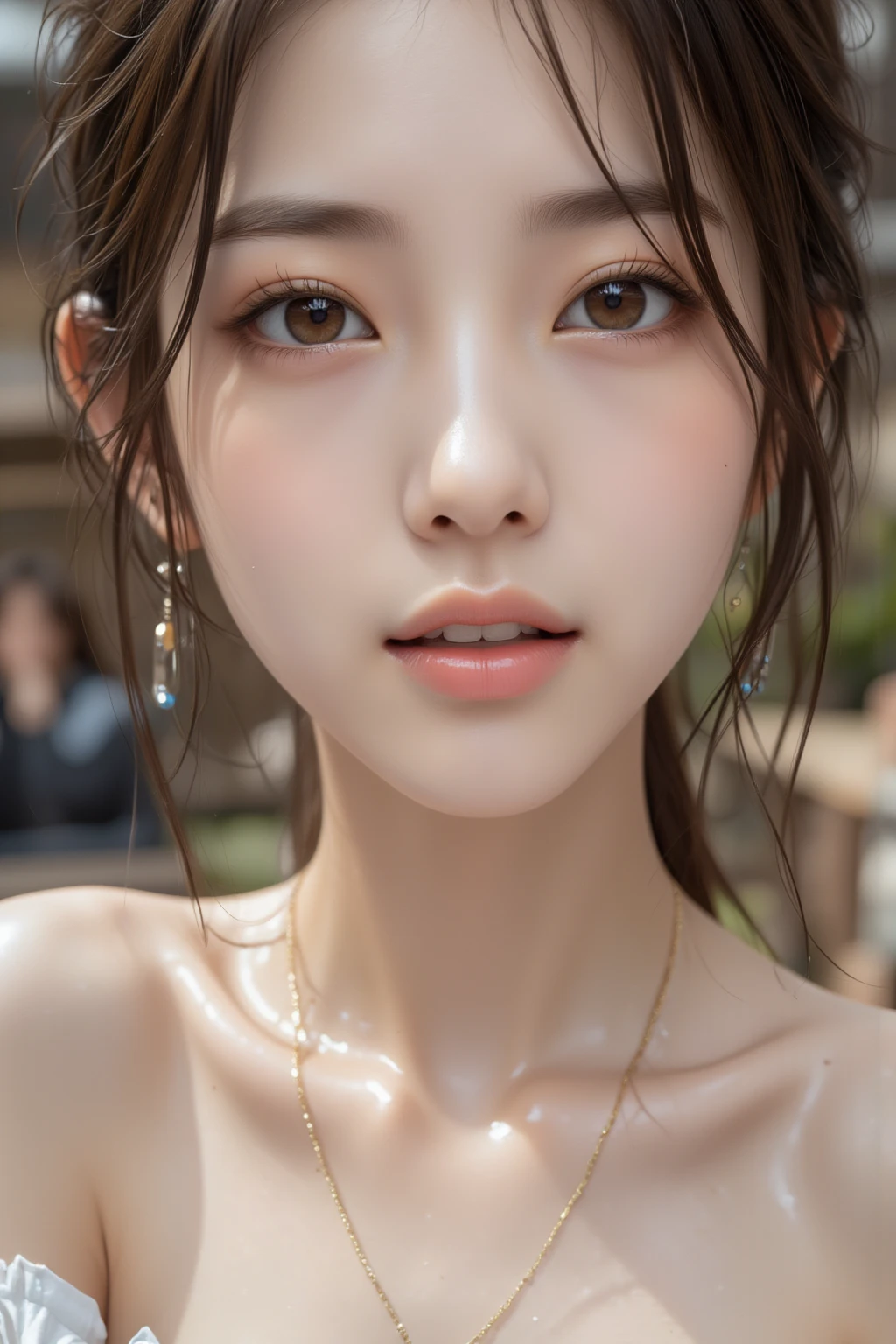 (((Show underarms、Armpit、Detailed armpit wrinkles、Armpit poses、Realistic armpit wrinkles、Wet shiny flank、Realistic underarmpits with wrinkles、a smile、On the roof of a building、Bright red lipstick、Solo Girl、White strapless bra、Glossy armpits、Ultra-realistic armpits、Sunlight in the armpits、Brightly lit armpits、Bright armpits、Moist and shiny armpits、Moist shiny armpits、shinny skin)), (White strapless bra、silber hair、high-ponytail Hairstyle、Bright red lipstick、A smile、illustratio), (Hi-Res), (8K), (ighly detailed), (The best illustrations), (beatiful detailed eyes), (top-quality), (ultra-detailliert), (Master masterpiece), (Detailed face), drooing eyes,（Glossy armpits、glowy skin、Luminescent armpit）,hairarmpits,High Ponytail、inner colored,Solo Girl,  Small, (A hyper-realistic), (illustratio), (Hi-Res), (8K), (ighly detailed), (The best illustrations) 、(super-detaild skin), (illustratio), (Hi-Res), (8K), (ighly detailed), (The best illustrations), (beatiful detailed eyes), (top-quality), (ultra-detailliert), (Master masterpiece), (wall-paper), (Detailed face), drooing eyes,Glossy armpits,Upper Body Up,hairarmpits,inner colored,solo、Strapless bra、（A hyper-realistic), (illustratio), (Hi-Res), (8K), (ighly detailed), (The best illustrations), (beatiful detailed eyes), (top-quality), (ultra-detailliert), (Master masterpiece), (Flesh-colored strapless bra)), (Detailed face), drooing eyes,Best Quality, masutepiece, 超A high resolution, (Photorealistic:1.4), Raw photo, 1girl in, off shoulders, deep cleavage, Moist skin, Best Shadow, lowkey, cold light, High detailed skin