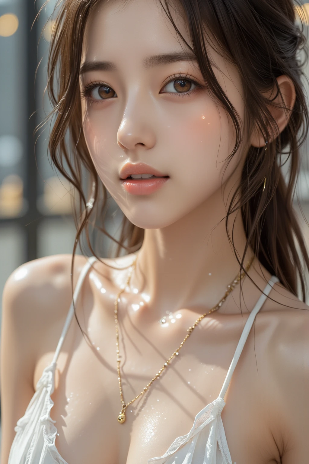 (Best quality, 4k, Masterpiece :1.3), pretty woman, 1girl, sexy :1.1, dark brown hair: 1.1, (rainy wet, wet from rain, wet body :1.2), white tank tops, ultra-detailed face, detailed lips, detailed eyes, double eyelid