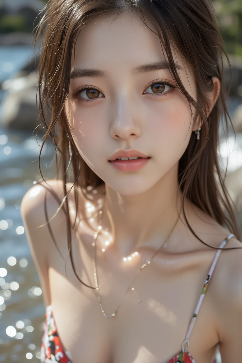highest quality, RAW Photos, Realistic, face, Incredibly beautiful girl, cute, Long Hair,Written boundary depth, High resolution, Super detailed, detailed, Very detaileded, extremely detaileded eye and face, Sharp pupils, Realistic students, Sharp focus, Cinema Lighting, Japanese, Short women,  Physical build, Short arms, Long, narrow eyes, Fleeting atmosphere, 15 years old, Brown bob hair, ((thin lips)), White top and bottom underwear, Masterpiece, highest quality, Detailed skin, Detailed face, Fine grain, 8k, Excellent anatomy, Upper body portrait，flat breasts, small breasts, small,( small bust: 1.2), small bust, (slim, small, flat, small), thin, Delicate and sexy collarbone, One Girl, (Beautiful girl, Delicate girl:1.3), (15 years old:1.3),
break, (One piece swimsuit, Swimsuit:1.2),
break, (Pool:1.3),Wet，Shiny，
break, Very beautiful eyes, (Symmetrical eyes:1.3),
break, , Brown eyes, Parted bangs, Brown Hair, (Upper teeth, The best smile:0.2),
break, (Eyes and face detail:1.0),
break, (masterpiece, highest quality, Super detailed, Detailed face, 8k)